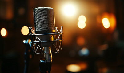 A close-up of a vintage microphone with a blurred background of warm lights, creating a cozy atmosphere for music or performance.