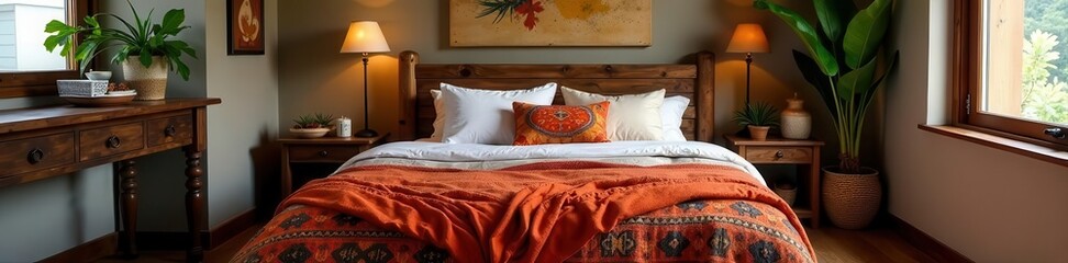 Rustic wooden bed, ethnic boho textiles, cozy bedroom setting, natural, pattern