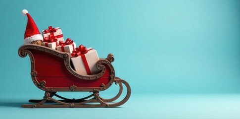 Rustic sleigh overflowing with gifts, Santa hat; light blue background , festive, decoration, white