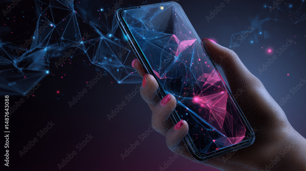 Poster hand holding smartphone from lines, triangles and particle style design. illustration vector