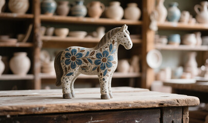Obraz premium Charming Speckled Stone Horse Statuette with Floral Patterns on Rustic Wooden Surface – Handmade Craft Decor