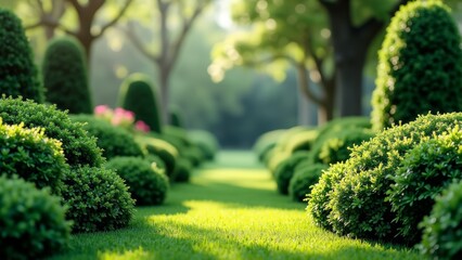 A long, manicured hedge row in a garden