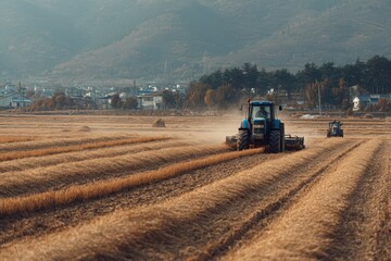 Naklejka premium Blue Tractor Plowing Wheat Field in Autumn, Rural Farm Landscape Photography, Harvest Time