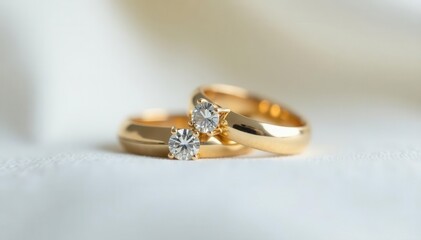 Golden wedding rings, diamond engagement ring on white fabric Symbol of love and commitment , relationship, precious