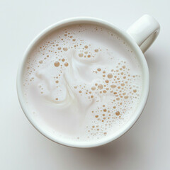 Obraz premium Overhead view of a white ceramic mug filled with light beige foamy latte resting on a clean, bright surface provides great space for menu or promotion layouts.