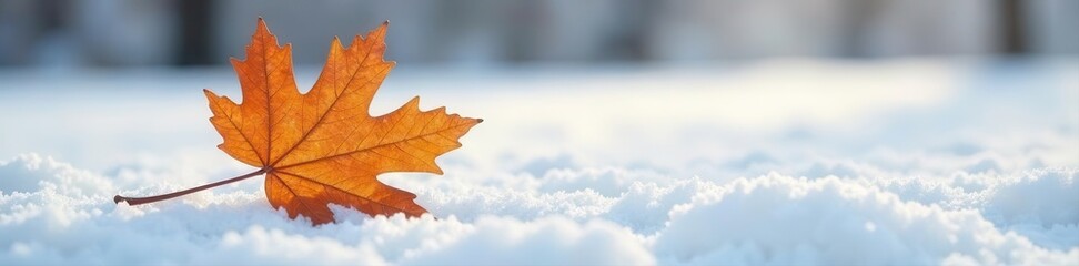 Fototapeta premium Single brown oak leaf in pristine snow; plenty of space , macro, holiday, outdoor