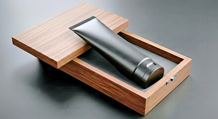 Elegant Black Cosmetic Tube in Wood Case on Shadowy Table Mens Skincare Product Packaging Mockup Sophisticated Grooming Still Life