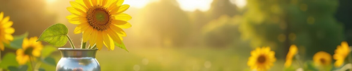 Obraz premium Tall sunflower in elegant silver pot, bright sunlight , background, garden