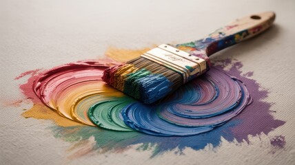Paintbrush on colorful palette with vivid paint splatters on white
