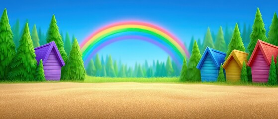 Colorful cabins nestled among vibrant greenery with a radiant rainbow arching across a clear blue sky creating a whimsical and playful outdoor scene evoking joy and imagination