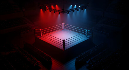 aerial view of an empty boxing ring blue and red color light team