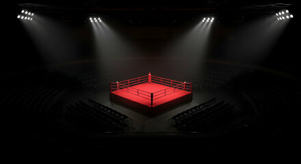 aerial view of an empty boxing ring under spotlights in a dark room surrounded by spectator seats