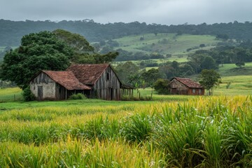 Obraz premium Rustic Farmhouse Scene: Abandoned Barn, Lush Green Field, Rolling Hills, Overcast Sky Photography