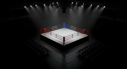 aerial view of an empty boxing ring under spotlights in a dark room surrounded by spectator seats
