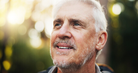 Happy, thinking and senior man on hike, outdoor and traveller in natural environment and...
