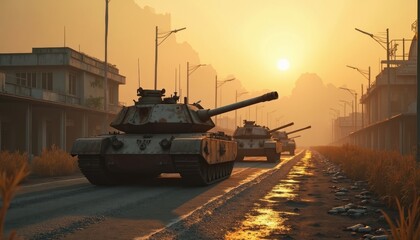 Tank Military Vehicle in Urban Setting at Sunset