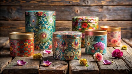Ornate decorative containers with floral patterns arranged on rustic wooden surface