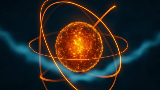 Atomic nucleus energy, showcasing dynamic particles and glowing orbits within an Energetic environment.