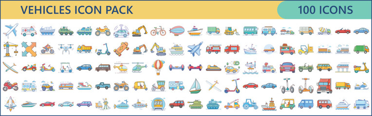 Collection of One Hundred Transportation Vehicle Icons Depicting Various Modes © RafiqulIslam
