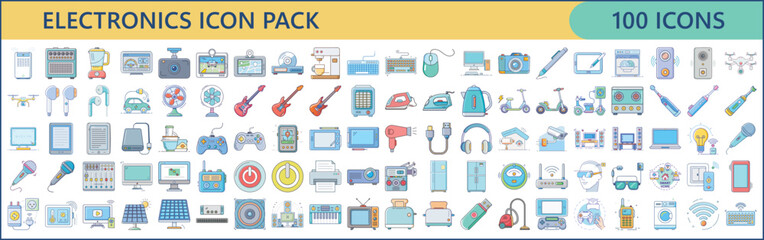 A Vibrant Collection of 100 Electronics Icons Representing Various Devices