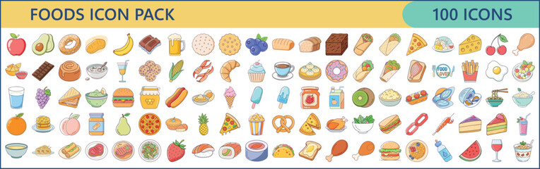 Collection of One Hundred Different Food Icon Vector Illustrations in Cartoon Style