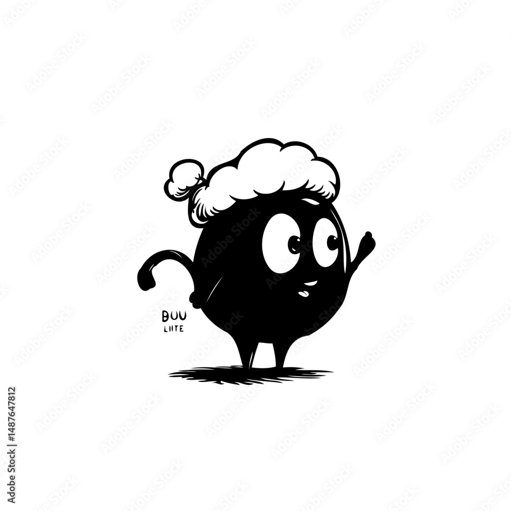 Poster whimsical cartoon character in monochrome with textured cap and simple features