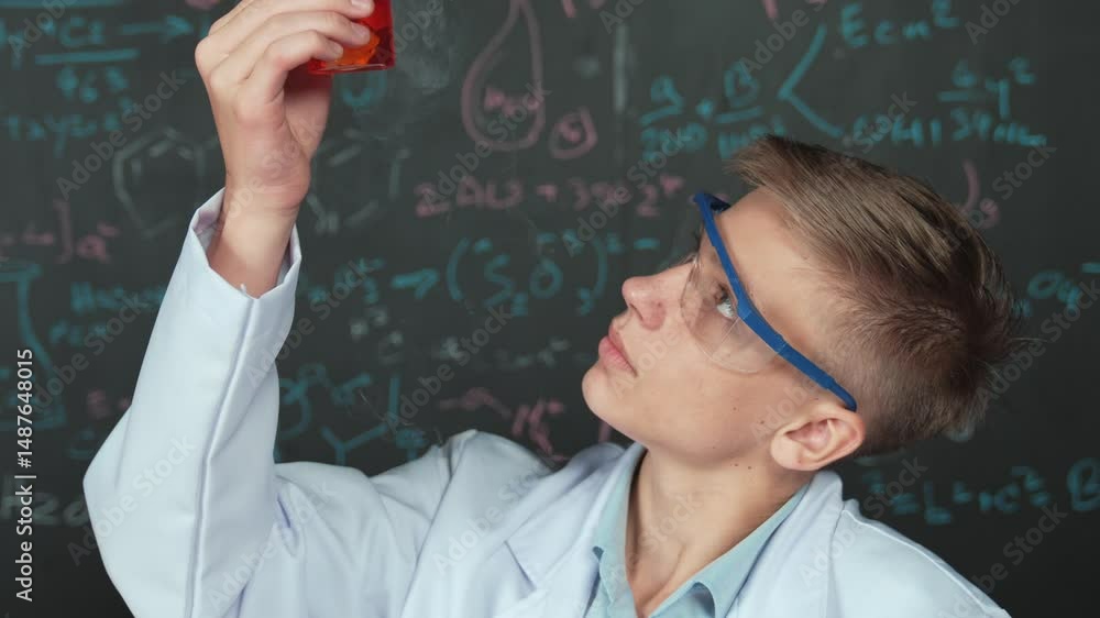 Poster closeup of boy inspect chemical solution while holding beaker at blackboard with chemical theory. sm