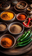 Top view of Indian spices like turmeric, cumin, and chili in bowls