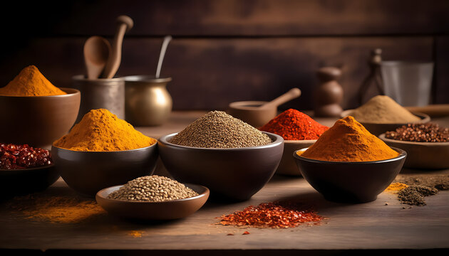 Top view of Indian spices like turmeric, cumin, and chili in bowls - Powered by Adobe