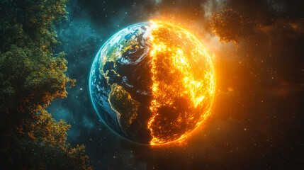 Obraz premium Earth Transformation: Half Transition from Fossil Fuels to Renewable Energy for Sustainable Future