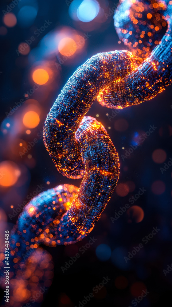 Poster glowing blockchain network on digital globe symbolizing global impact of technology