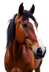 Fototapeta premium Captivating portrait of a beautiful brown horse with a white blaze, isolated on white backdrop.