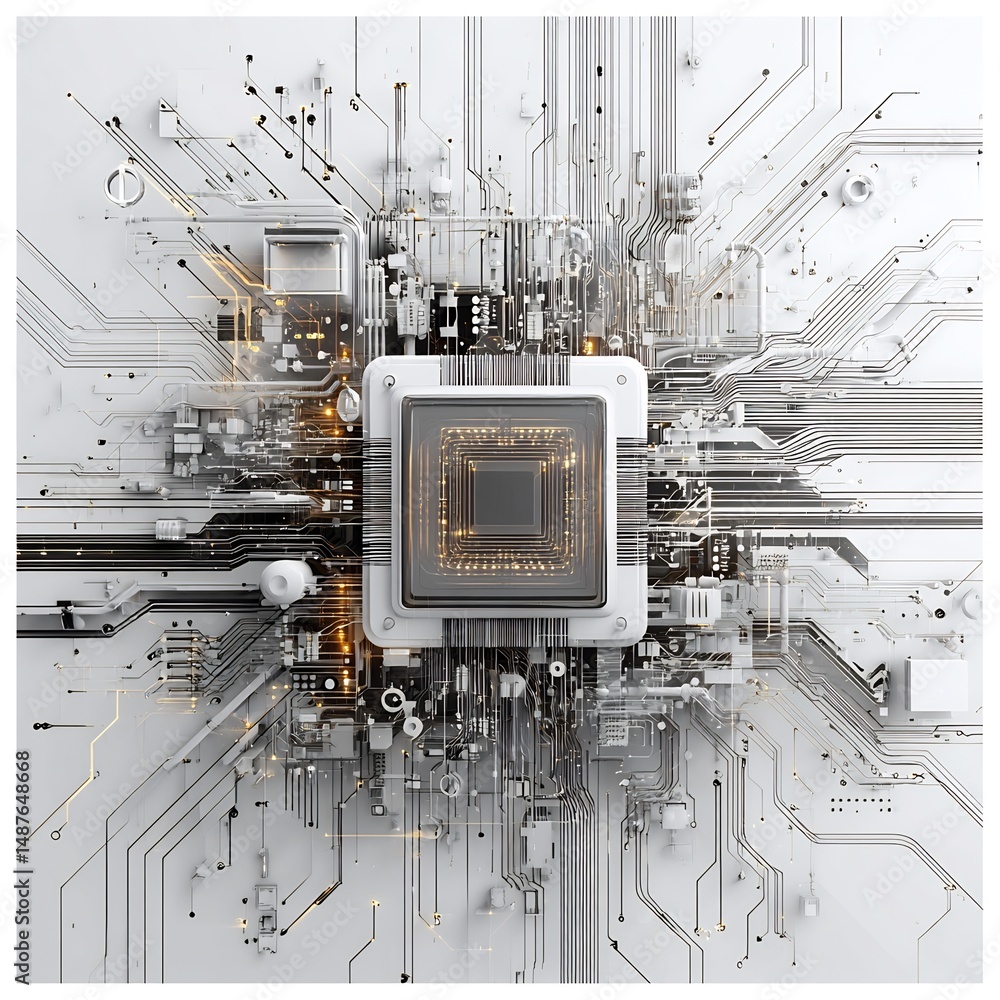 Poster detailed microchip architecture displaying intricate circuitry and pathways