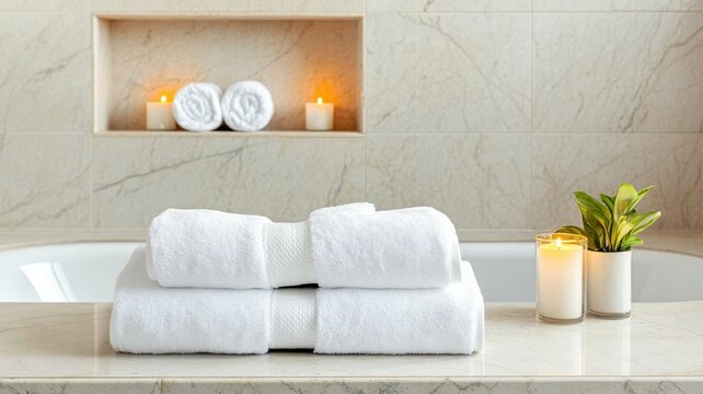 Summer trip hotel services. Luxurious Hotel Bathroom with Fresh Towels, Candles, and Greenery for a Relaxing Experience