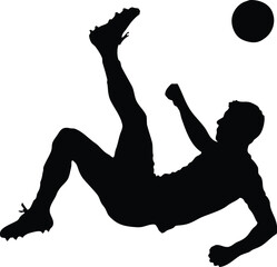 Silhouette of a soccer player kicking a ball in mid air against a white background © Iconify Studio