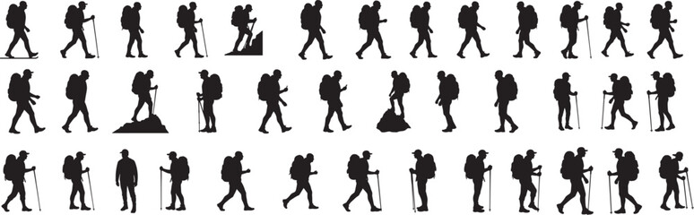 Hiking silhouettes vector pack: people with backpacks trekking and walking outdoors adventure clipart set
