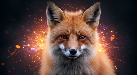 Fototapeta premium Fox portrait with glowing sparks in dark background