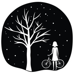 A Lonely girl with bike standing near tree in the night of a silhouette