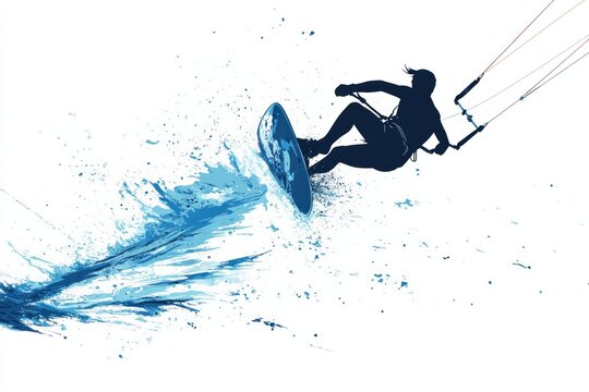 High-detail vector of a kitesurfer mid-jump, with dynamic motion lines and splashes of water, vibrant blues and whites, natural color, minimalism, stock vector