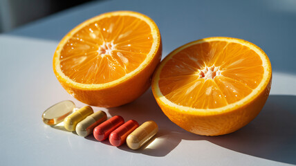 Fototapeta premium Orange halves and vitamin supplements on a light blue background vibrant and healthy lifestyle