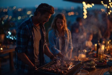 father with child enjoying a cozy evening rooftop barbecue.