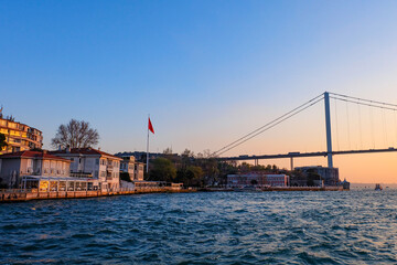 Bosphorus cruise along the sea in Istanbul, beautiful sunset with view of Asian and Europe side 