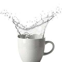 A powerful splash of water caught mid-air inside a clean white mug&mdash;great for beverage branding, coffee visuals, or creative product photography.