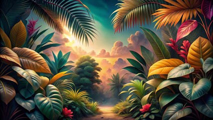 Lush Tropical Paradise at Dawn Vibrant Foliage, Golden Sunlight, and Serene Path Beckoning into a Verdant Haven