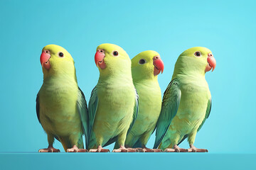 Four Vibrant Green Parrots Standing