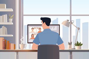 Digital Nomad Working Remotely in Coworking Space with City Skyline