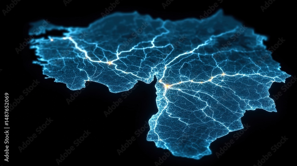 Poster dynamic representation of turkey's road network illustrated with glowing lines and nodes showcasing 
