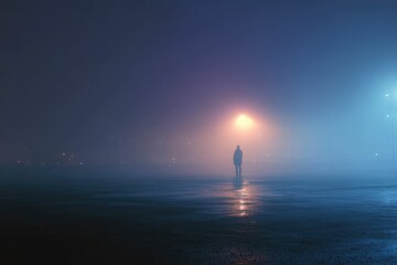 Solitary Figure in a Misty Night: Atmospheric Cityscape