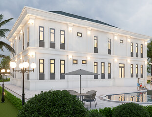3d rendering of neoclassical villa, exterior design with Landscaped Grounds