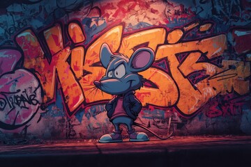 Stylish cartoon mouse against a vibrant graffiti wall.